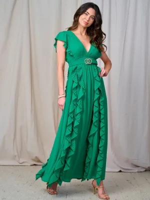 WOMEN'S RUFFLE SLEEVE V-NECK SMOCK BELTED MAXI DRESS