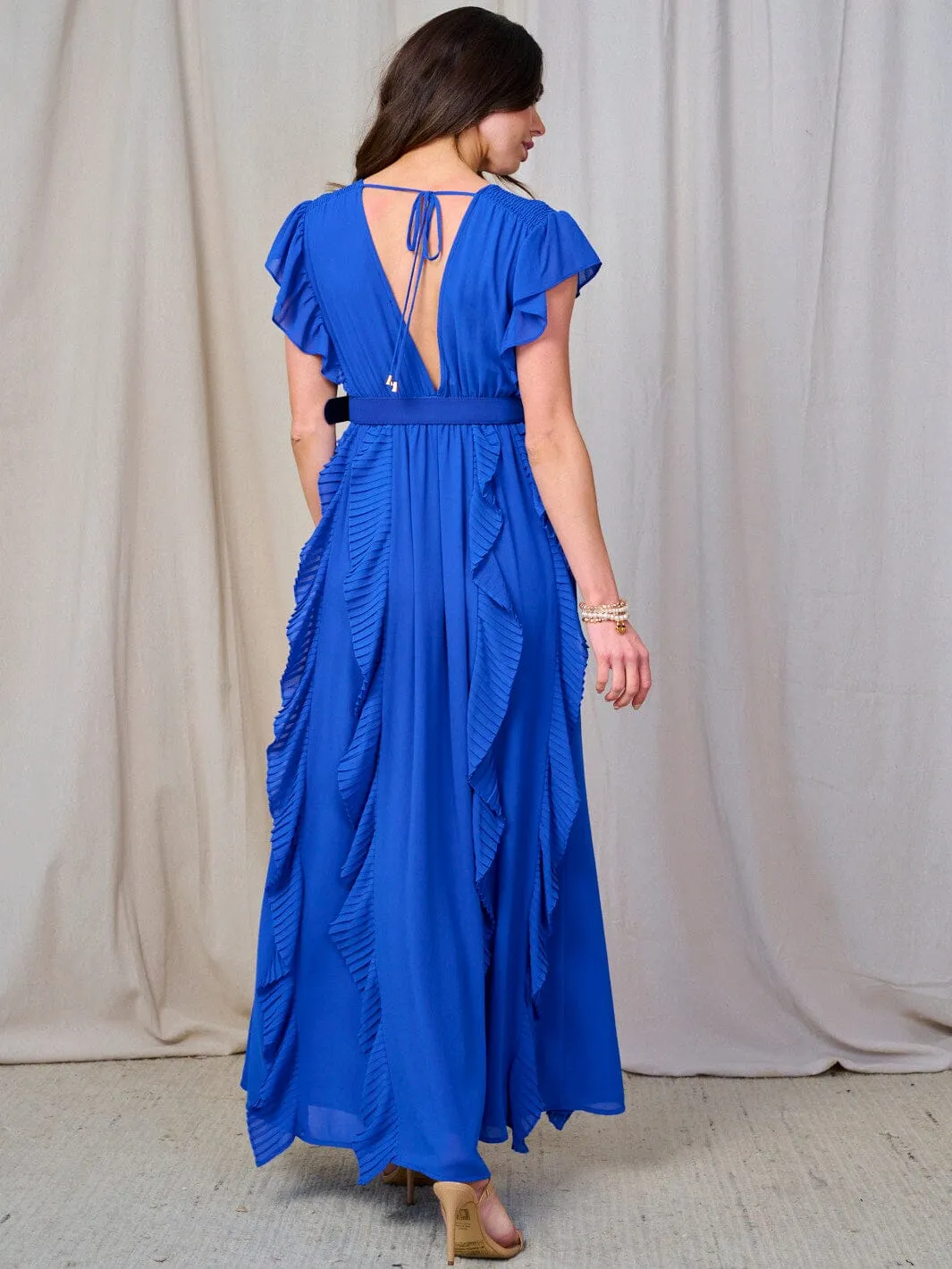 WOMEN'S RUFFLE SLEEVE V-NECK SMOCK BELTED MAXI DRESS