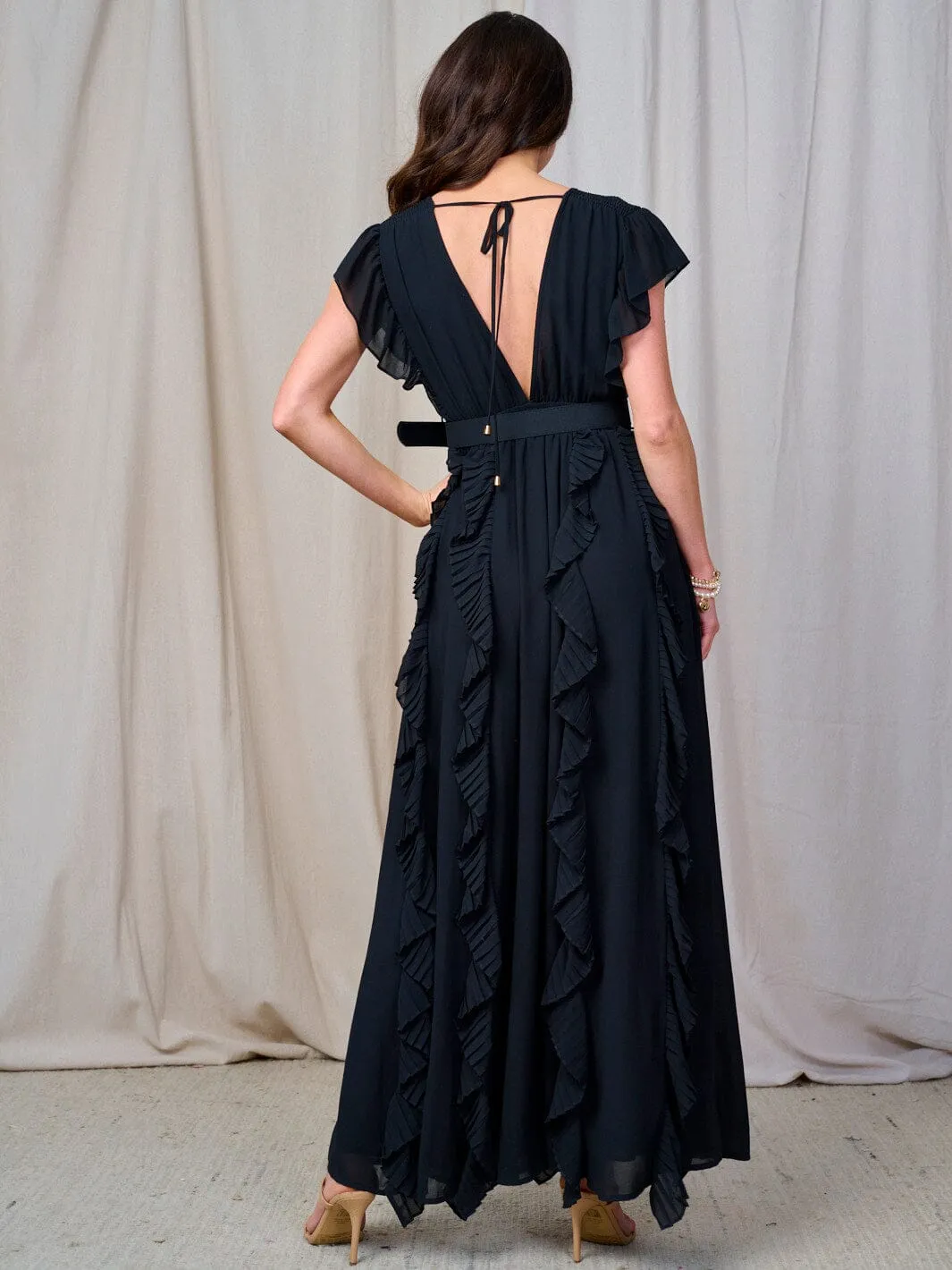 WOMEN'S RUFFLE SLEEVE V-NECK SMOCK BELTED MAXI DRESS