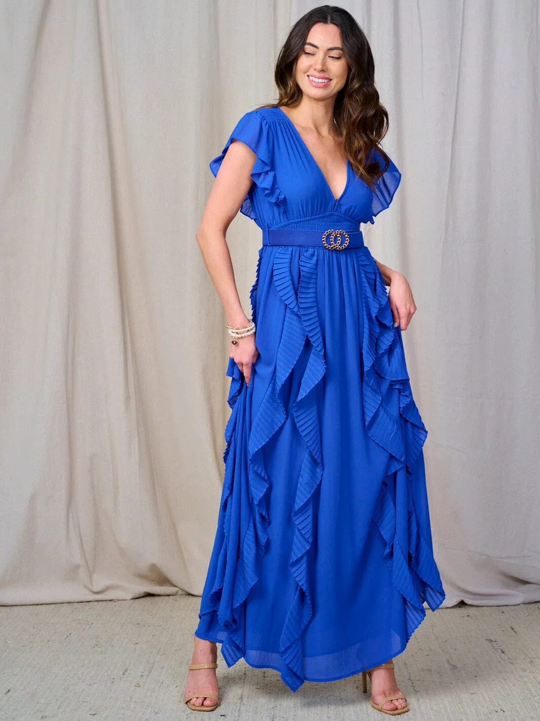 WOMEN'S RUFFLE SLEEVE V-NECK SMOCK BELTED MAXI DRESS