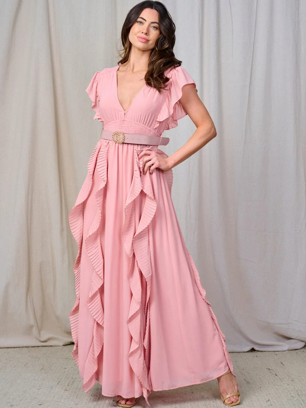 WOMEN'S RUFFLE SLEEVE V-NECK SMOCK BELTED MAXI DRESS
