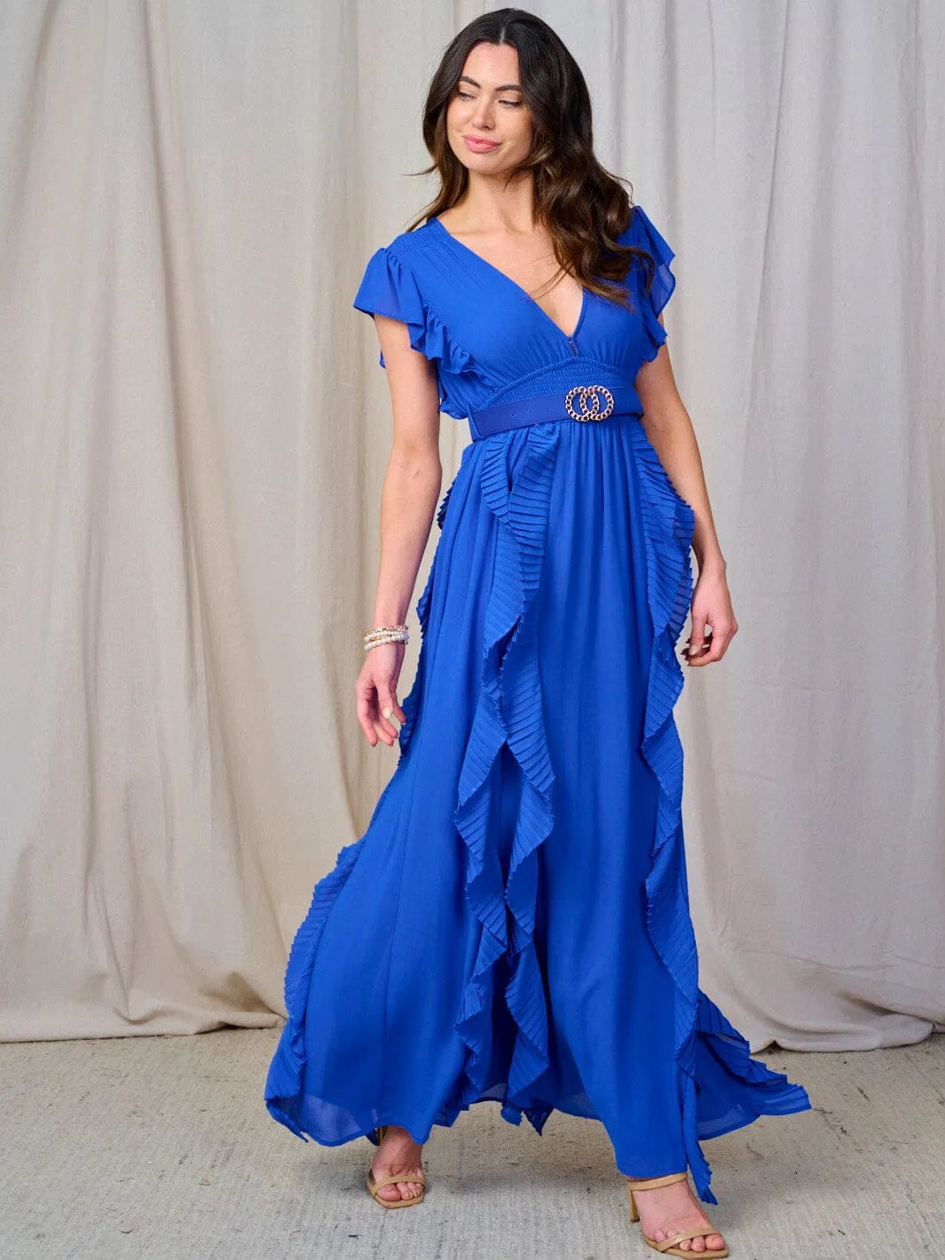 WOMEN'S RUFFLE SLEEVE V-NECK SMOCK BELTED MAXI DRESS