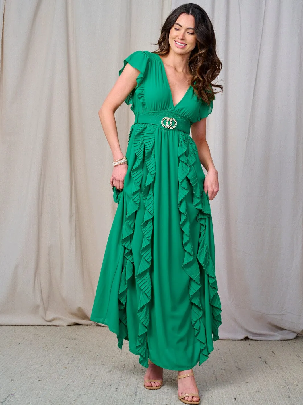 WOMEN'S RUFFLE SLEEVE V-NECK SMOCK BELTED MAXI DRESS