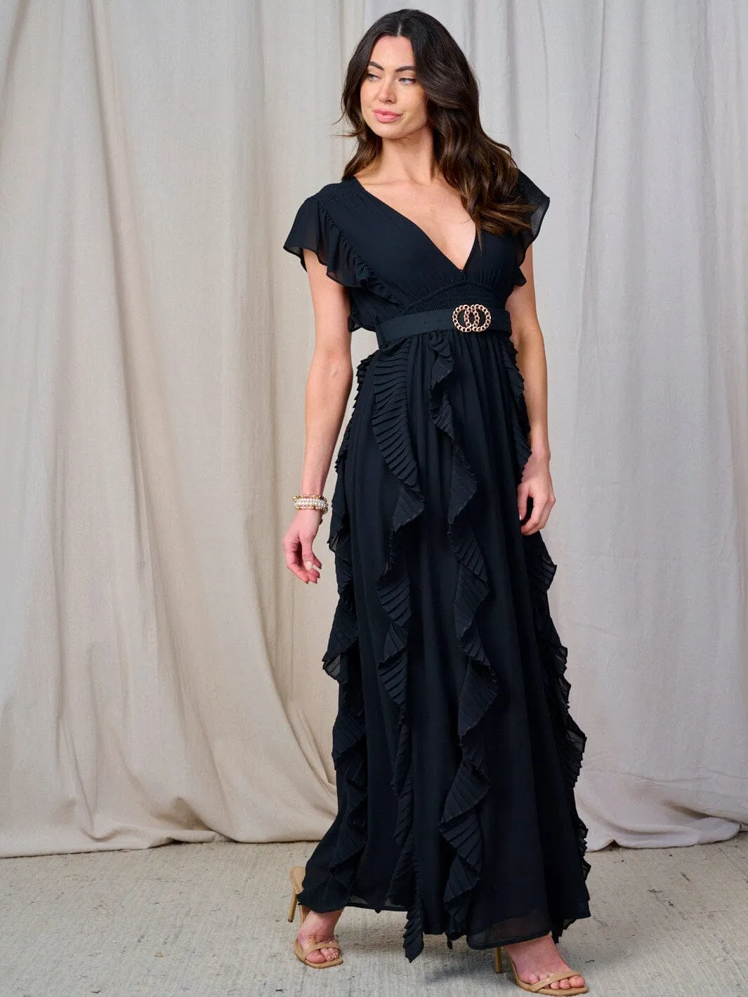 WOMEN'S RUFFLE SLEEVE V-NECK SMOCK BELTED MAXI DRESS