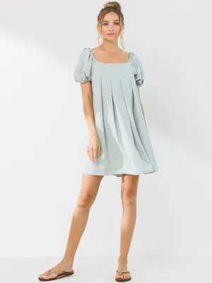 WOMEN'S SHORT PUFF SLEEVE SQUARE NECK PLEATED MINI DRESS