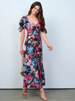 WOMEN'S SHORT PUFF SLEEVES V-NECK FLORAL MAXI DRESS