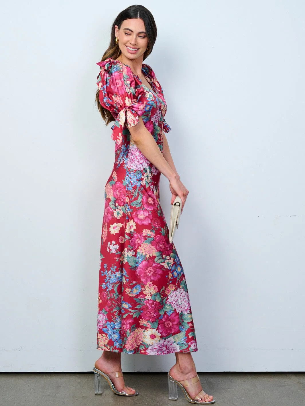 WOMEN'S SHORT PUFF SLEEVES V-NECK FLORAL MAXI DRESS