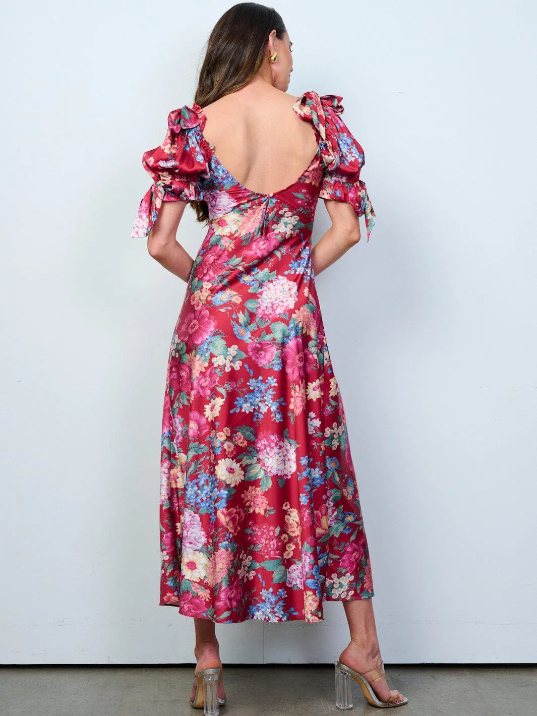 WOMEN'S SHORT PUFF SLEEVES V-NECK FLORAL MAXI DRESS