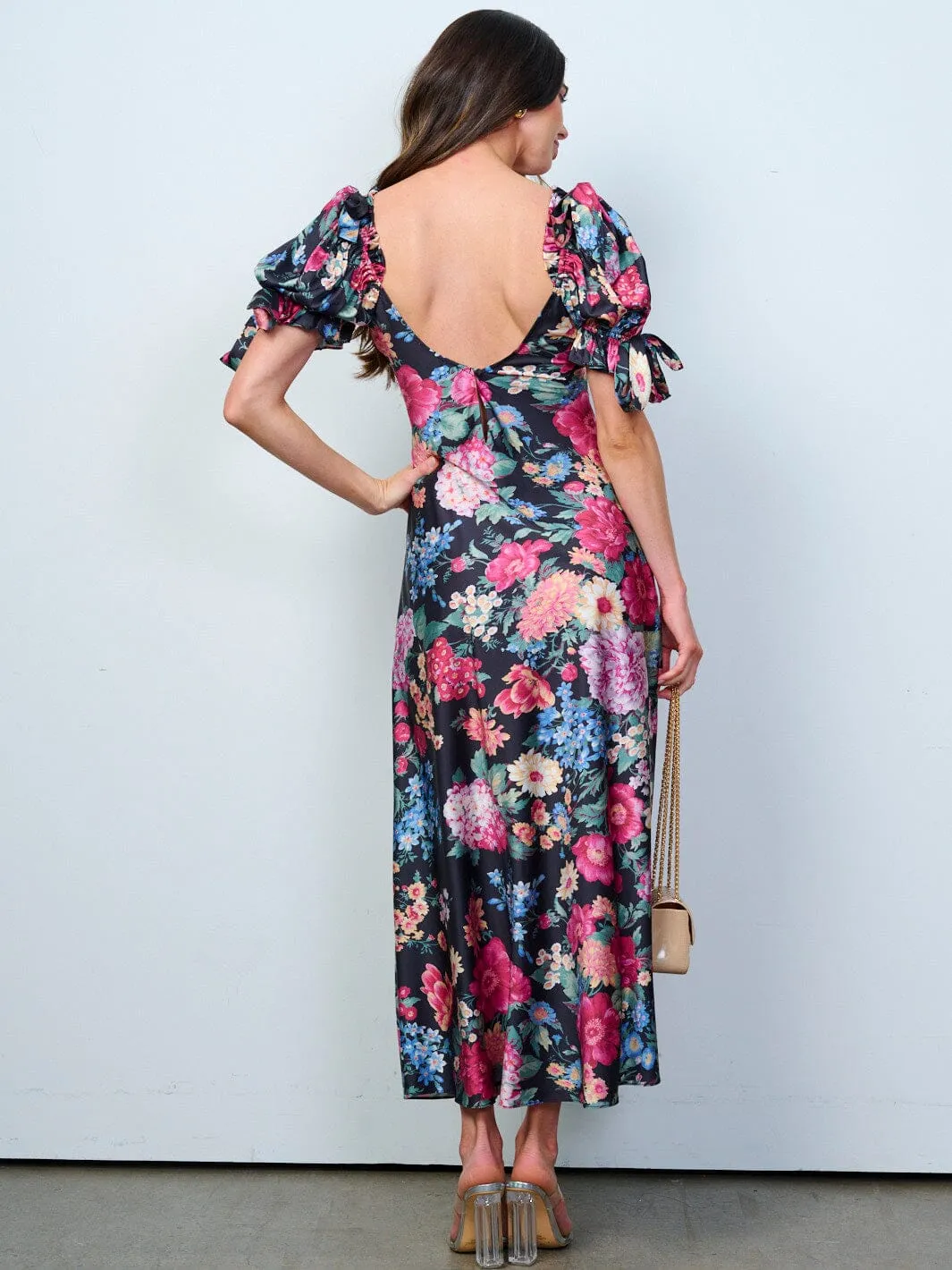 WOMEN'S SHORT PUFF SLEEVES V-NECK FLORAL MAXI DRESS