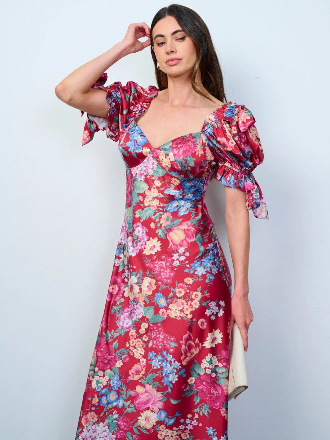 WOMEN'S SHORT PUFF SLEEVES V-NECK FLORAL MAXI DRESS