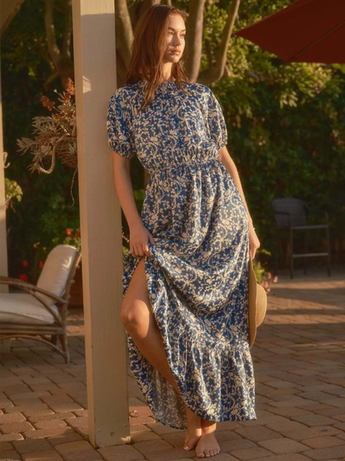 WOMEN'S SHORT SLEEVE MOCK NECK ELASTIC WAIST FLORAL PRINT MAXI DRESS