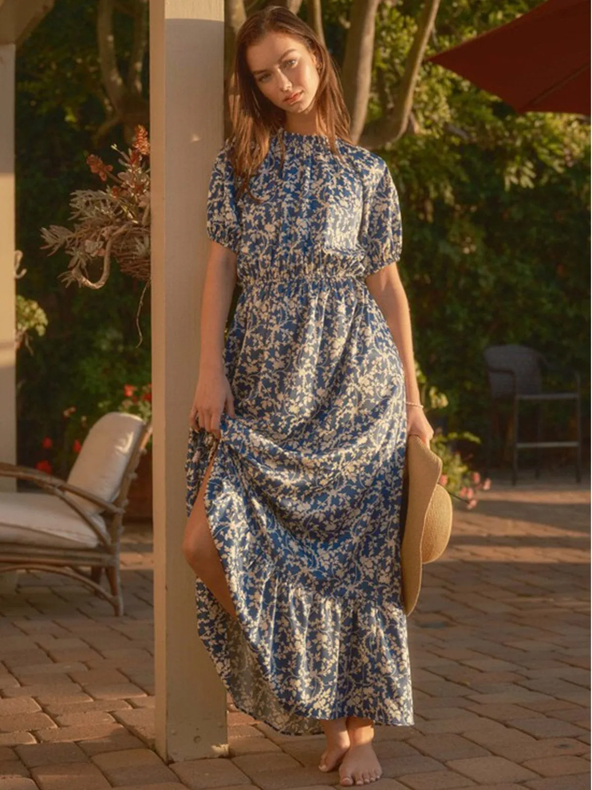 WOMEN'S SHORT SLEEVE MOCK NECK ELASTIC WAIST FLORAL PRINT MAXI DRESS