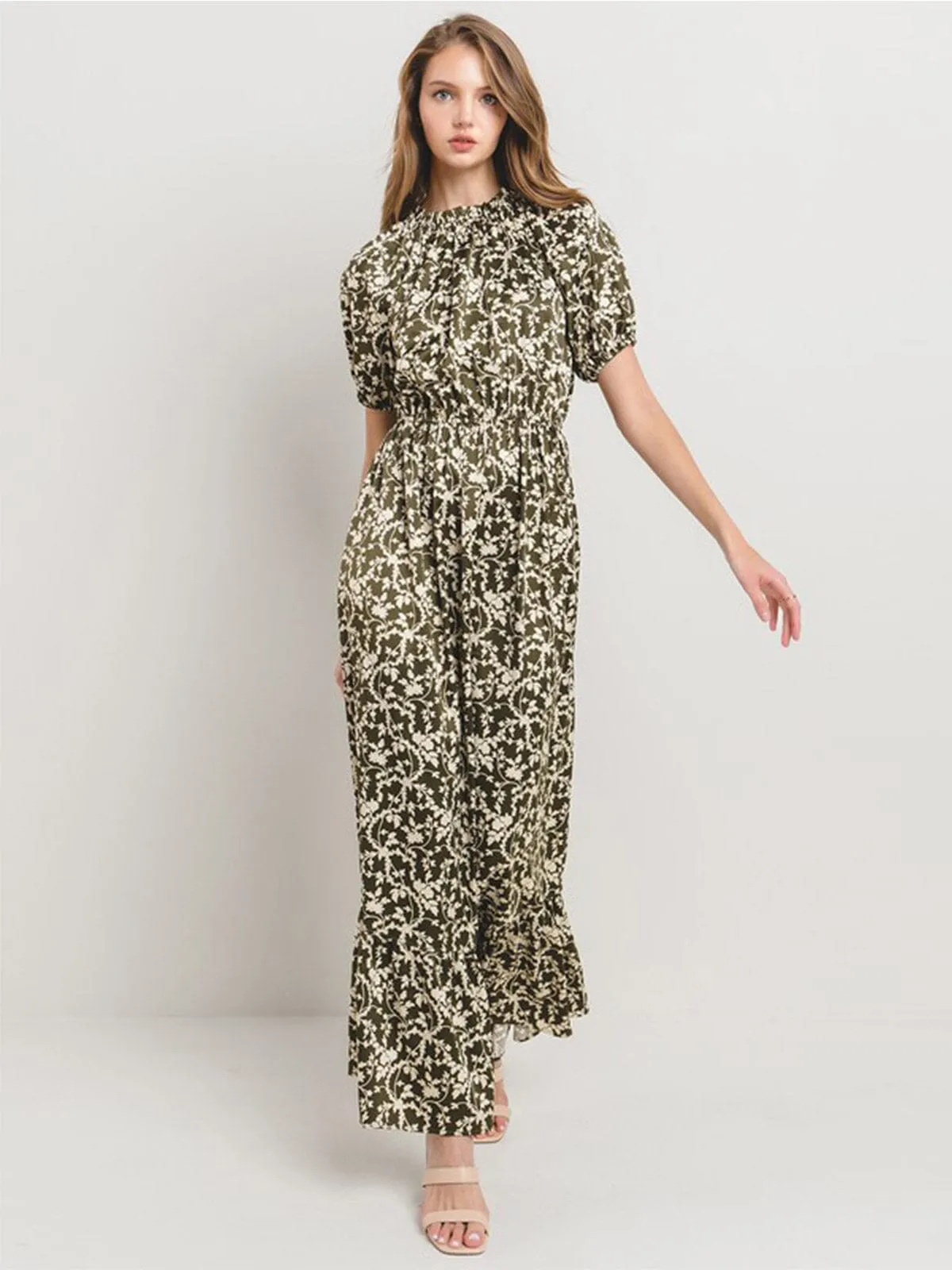 WOMEN'S SHORT SLEEVE MOCK NECK ELASTIC WAIST FLORAL PRINT MAXI DRESS