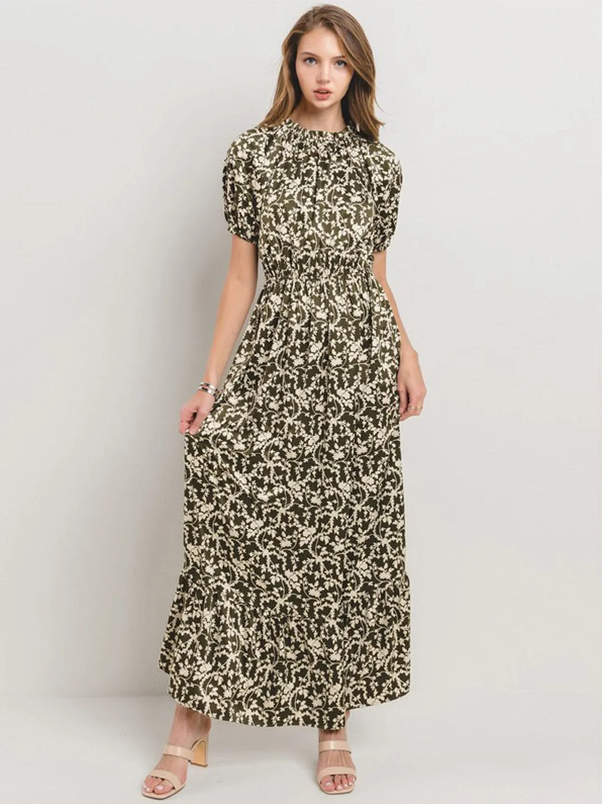 WOMEN'S SHORT SLEEVE MOCK NECK ELASTIC WAIST FLORAL PRINT MAXI DRESS