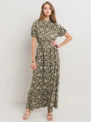 WOMEN'S SHORT SLEEVE MOCK NECK ELASTIC WAIST FLORAL PRINT MAXI DRESS