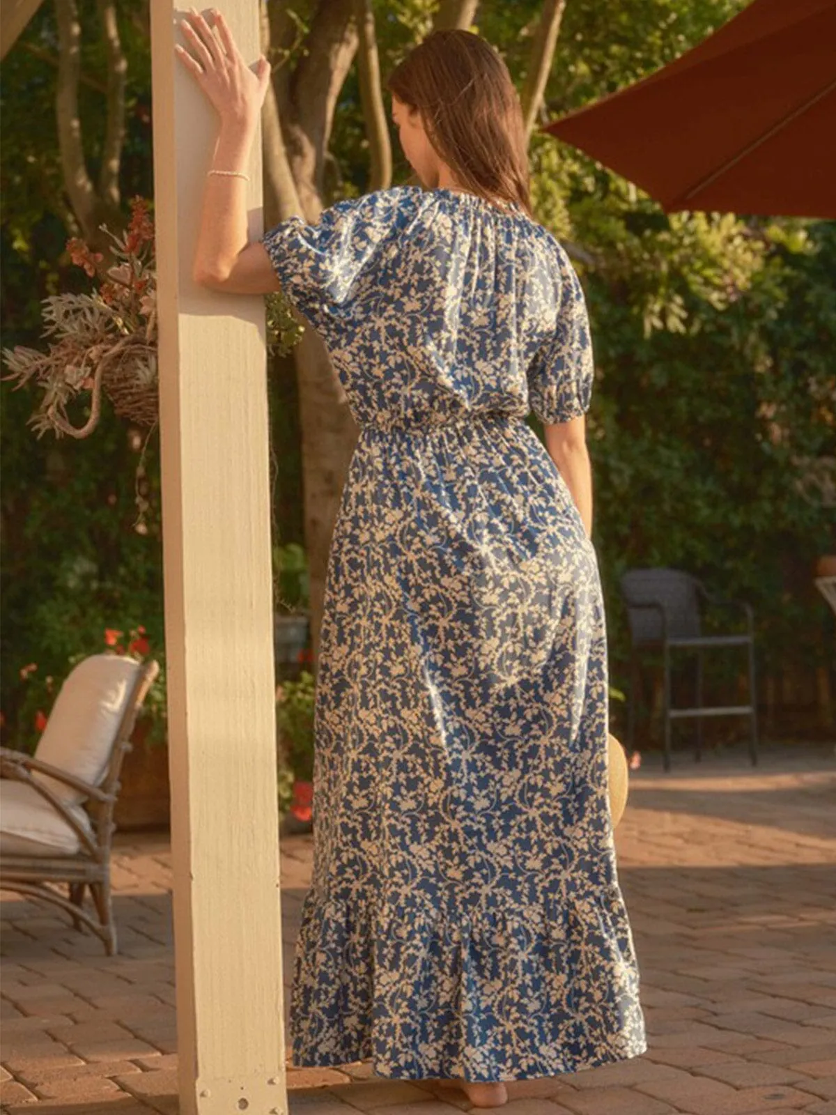 WOMEN'S SHORT SLEEVE MOCK NECK ELASTIC WAIST FLORAL PRINT MAXI DRESS