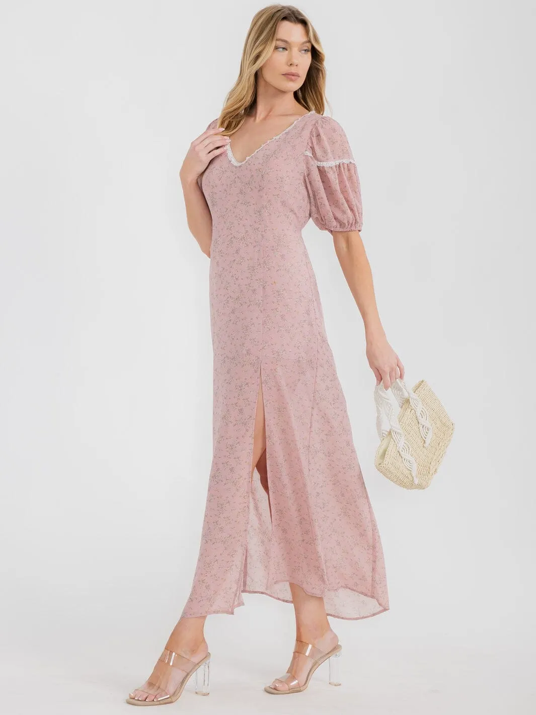 WOMEN'S SHORT SLEEVE V-NECK FRONT SLIT FLORAL MAXI DRESS