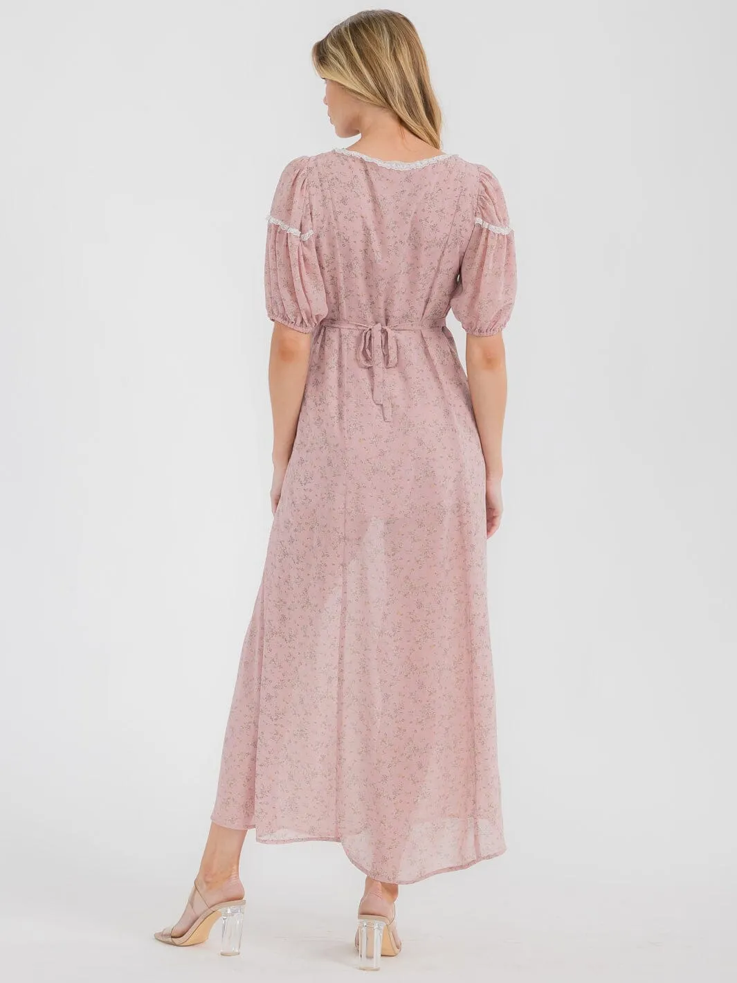 WOMEN'S SHORT SLEEVE V-NECK FRONT SLIT FLORAL MAXI DRESS