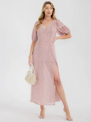 WOMEN'S SHORT SLEEVE V-NECK FRONT SLIT FLORAL MAXI DRESS