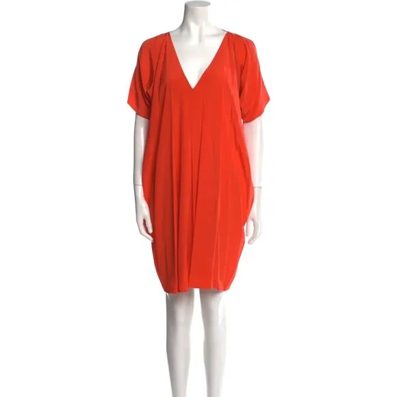 Womens Size Small Vince Coral Red Pure Silk V-Neck Silk Short Sleeve Mini Dress