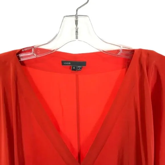 Womens Size Small Vince Coral Red Pure Silk V-Neck Silk Short Sleeve Mini Dress