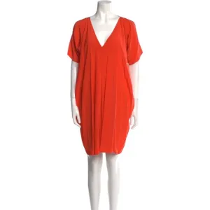 Womens Size Small Vince Coral Red Pure Silk V-Neck Silk Short Sleeve Mini Dress