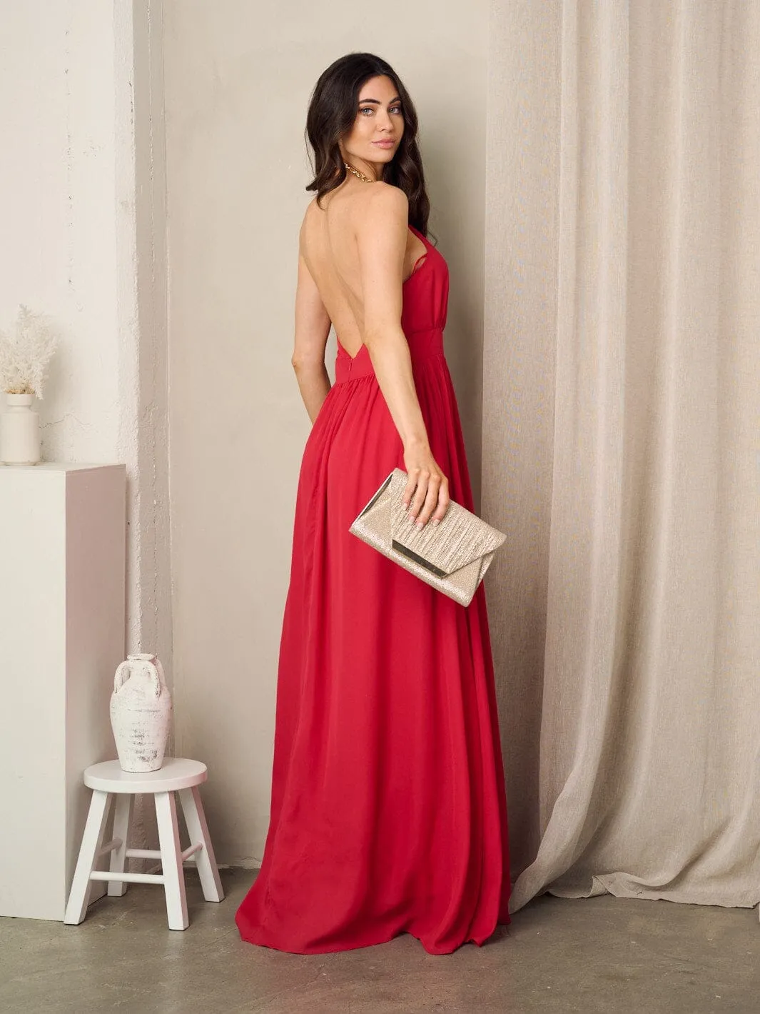 WOMEN'S SLEEVELESS OPEN BACK CHAIN NECK TIE MAXI DRESS