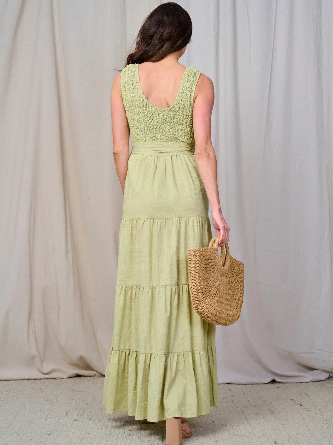 WOMEN'S SLEEVELESS SMOCK TIERED RUFFLE MAXI DRESS