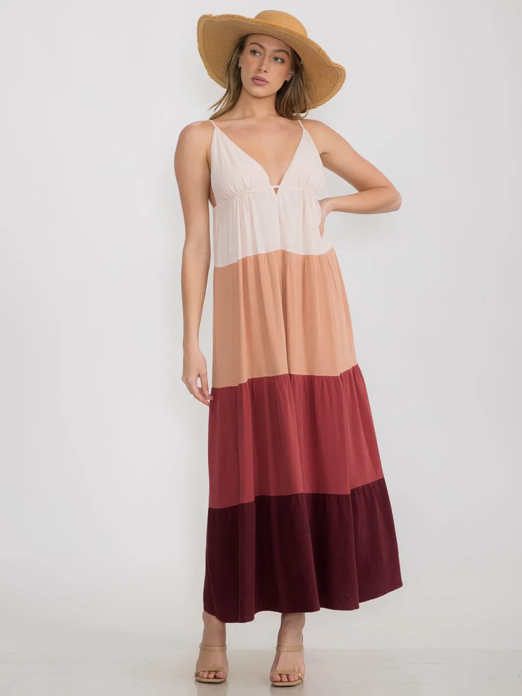 WOMEN'S SLEEVELESS V-NECK OPEN BACK COLORBLOCK MAXI DRESS