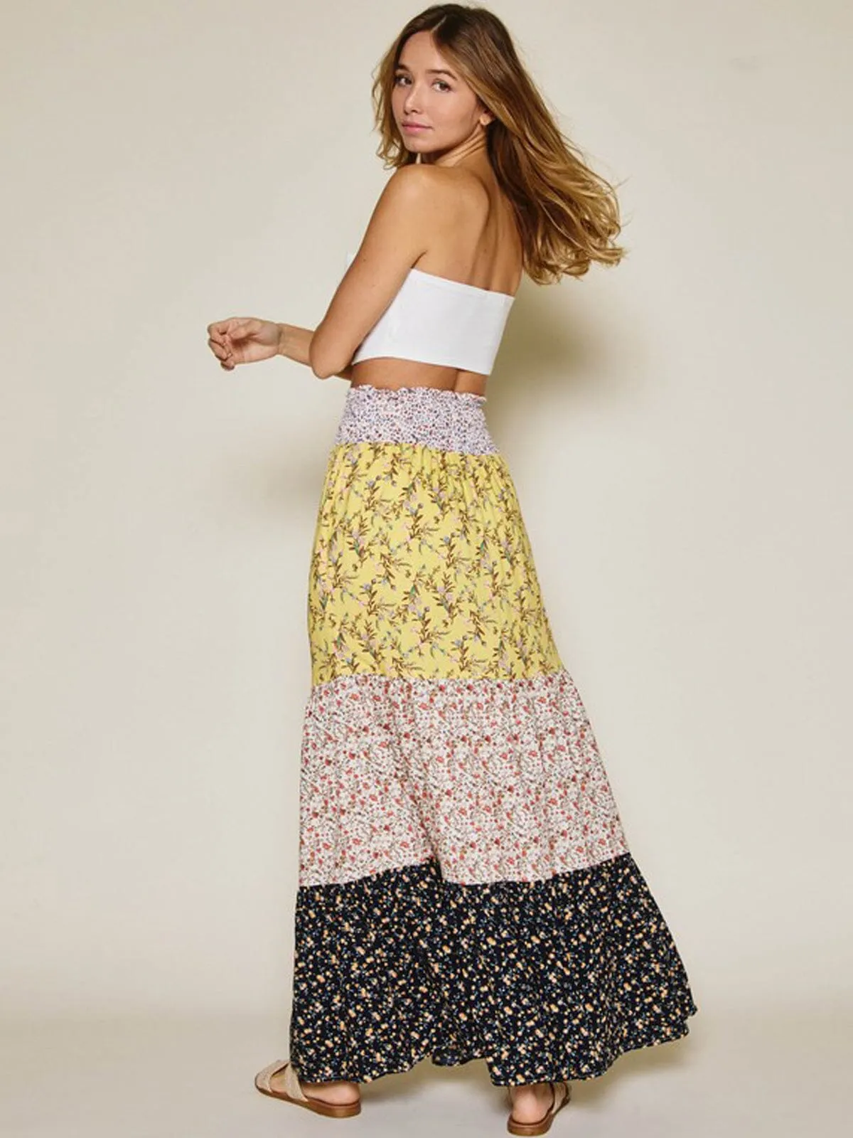 WOMEN'S SMOCK WAIST FLORAL COLORBLOCK MAXI SKIRT