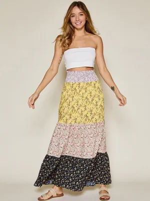 WOMEN'S SMOCK WAIST FLORAL COLORBLOCK MAXI SKIRT