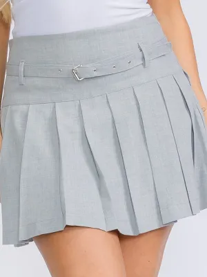 WOMEN'S ZIP UP FRONT BELT PLEATED MINI SKORT