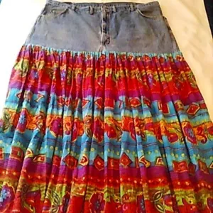 Wrangler Jean Skirt 47&quot; Waist 46&quot; Long Maxi Upcycled Vibrant Colors Boho Trendy