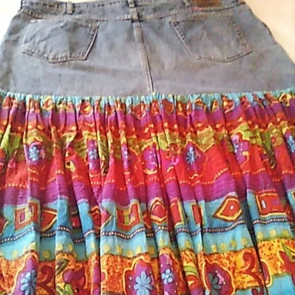 Wrangler Jean Skirt 47&quot; Waist 46&quot; Long Maxi Upcycled Vibrant Colors Boho Trendy