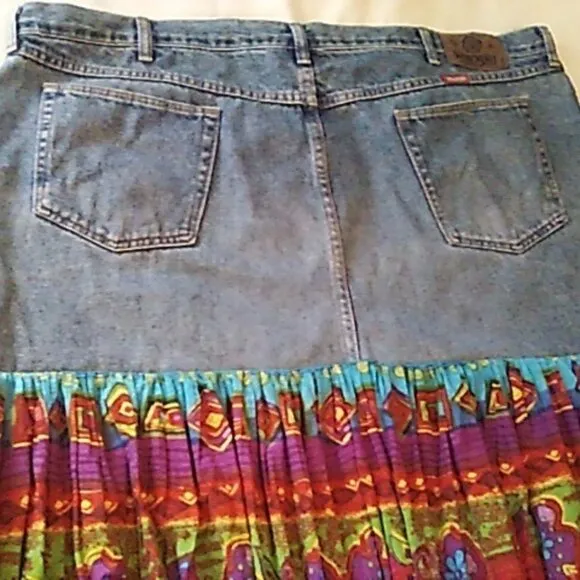 Wrangler Jean Skirt 47&quot; Waist 46&quot; Long Maxi Upcycled Vibrant Colors Boho Trendy