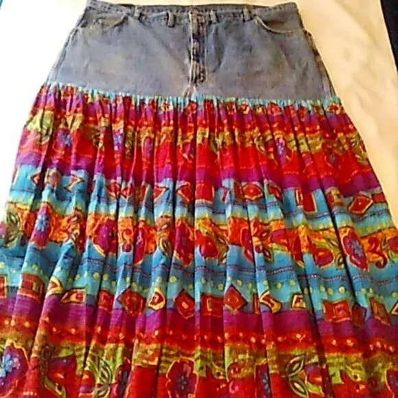 Wrangler Jean Skirt 47&quot; Waist 46&quot; Long Maxi Upcycled Vibrant Colors Boho Trendy