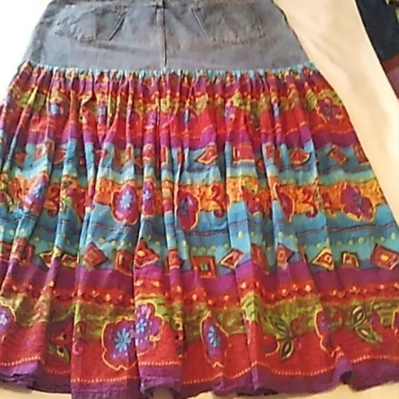 Wrangler Jean Skirt 47&quot; Waist 46&quot; Long Maxi Upcycled Vibrant Colors Boho Trendy