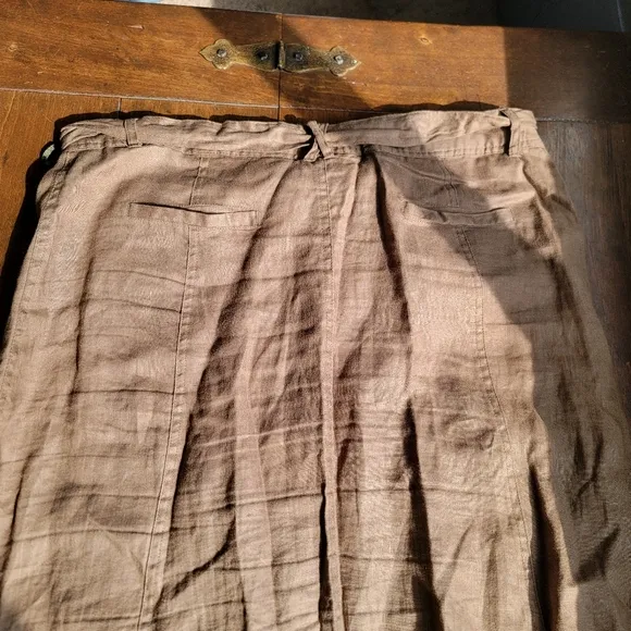 y2k Ecologie 100% Linen Maxi Flare Belted Skirt sz 14 Brown Coastal Minimalist