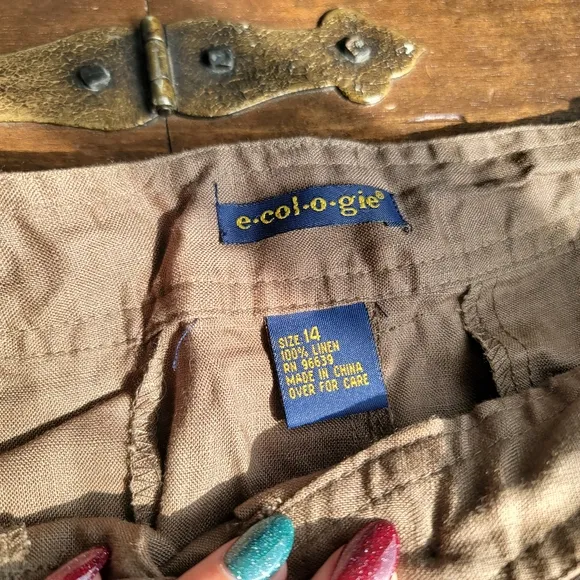 y2k Ecologie 100% Linen Maxi Flare Belted Skirt sz 14 Brown Coastal Minimalist