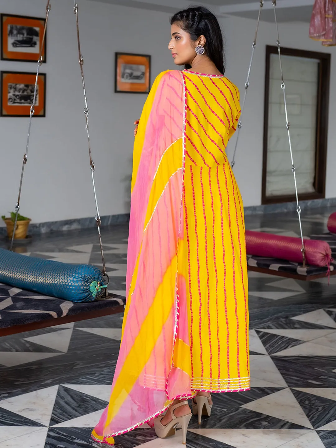 Yellow A-Line Angrakha Leheriya Kurta With Pants & Dupatta