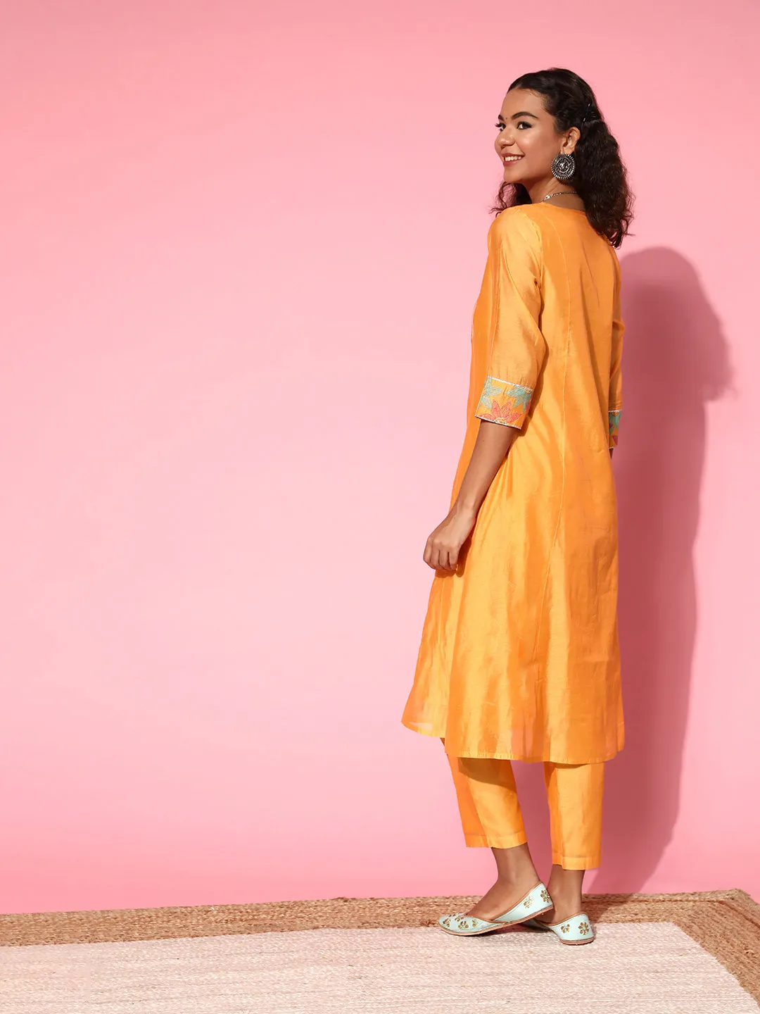 Yellow Chanderi Embroidered A-Line Princess-Cut Kurta With Pants