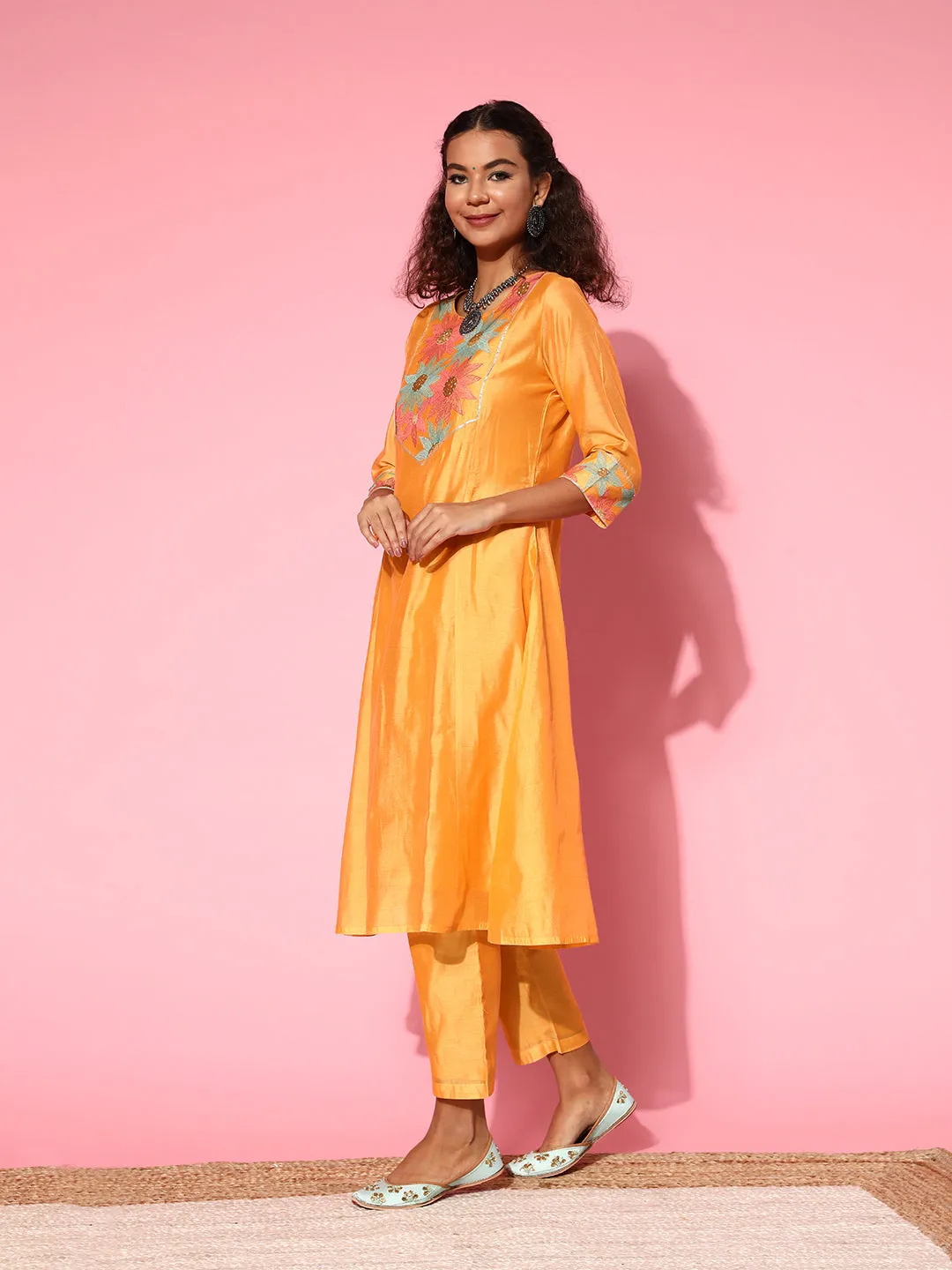 Yellow Chanderi Embroidered A-Line Princess-Cut Kurta With Pants