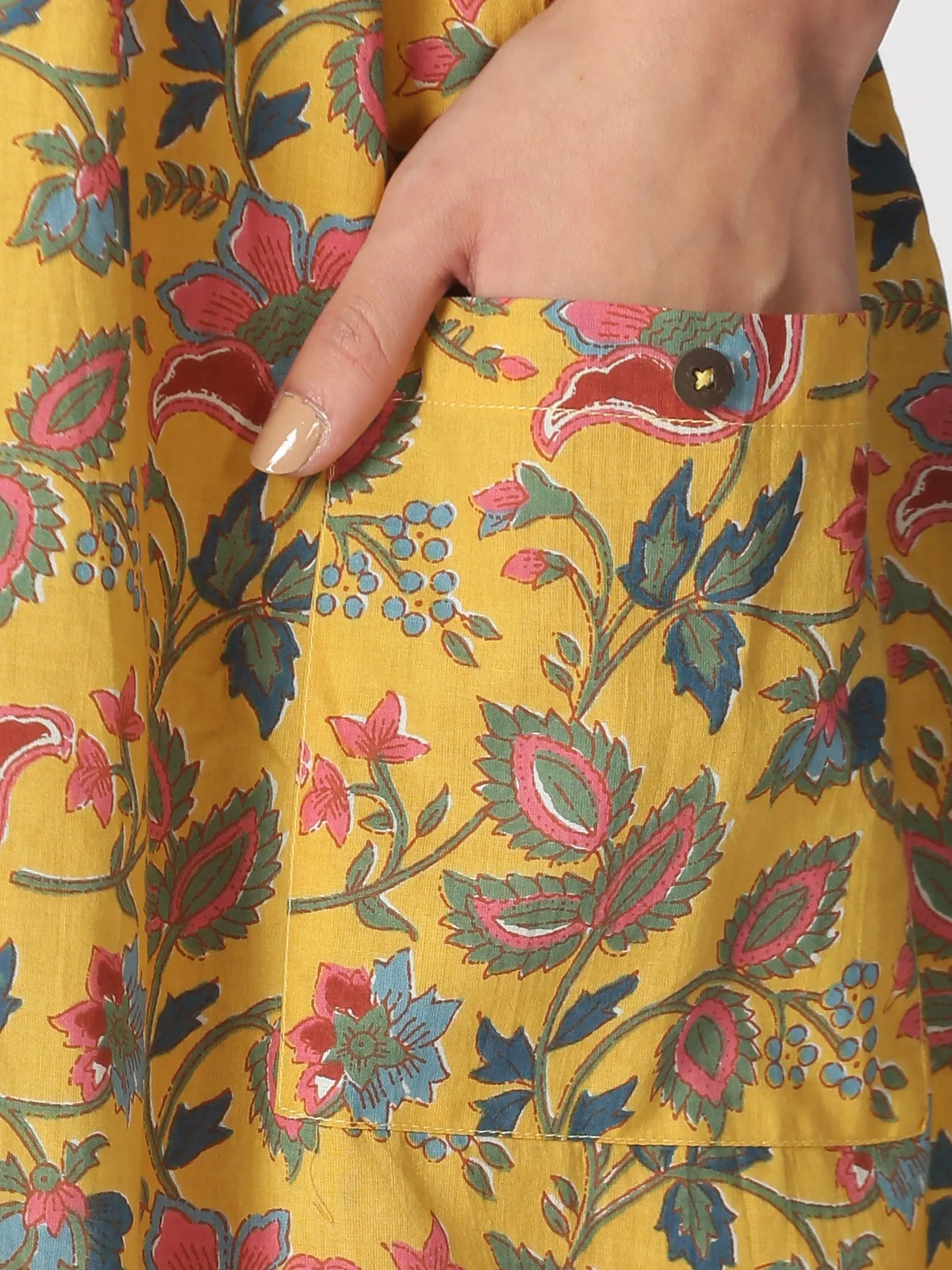 Yellow Ethnic Printed A-line Strappy Dress with Front Pockets