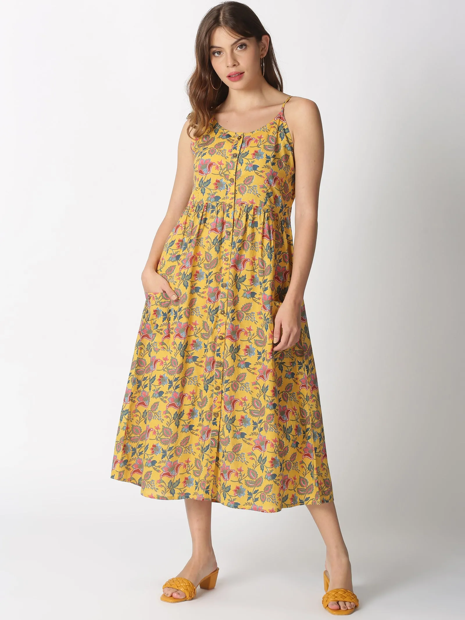 Yellow Ethnic Printed A-line Strappy Dress with Front Pockets
