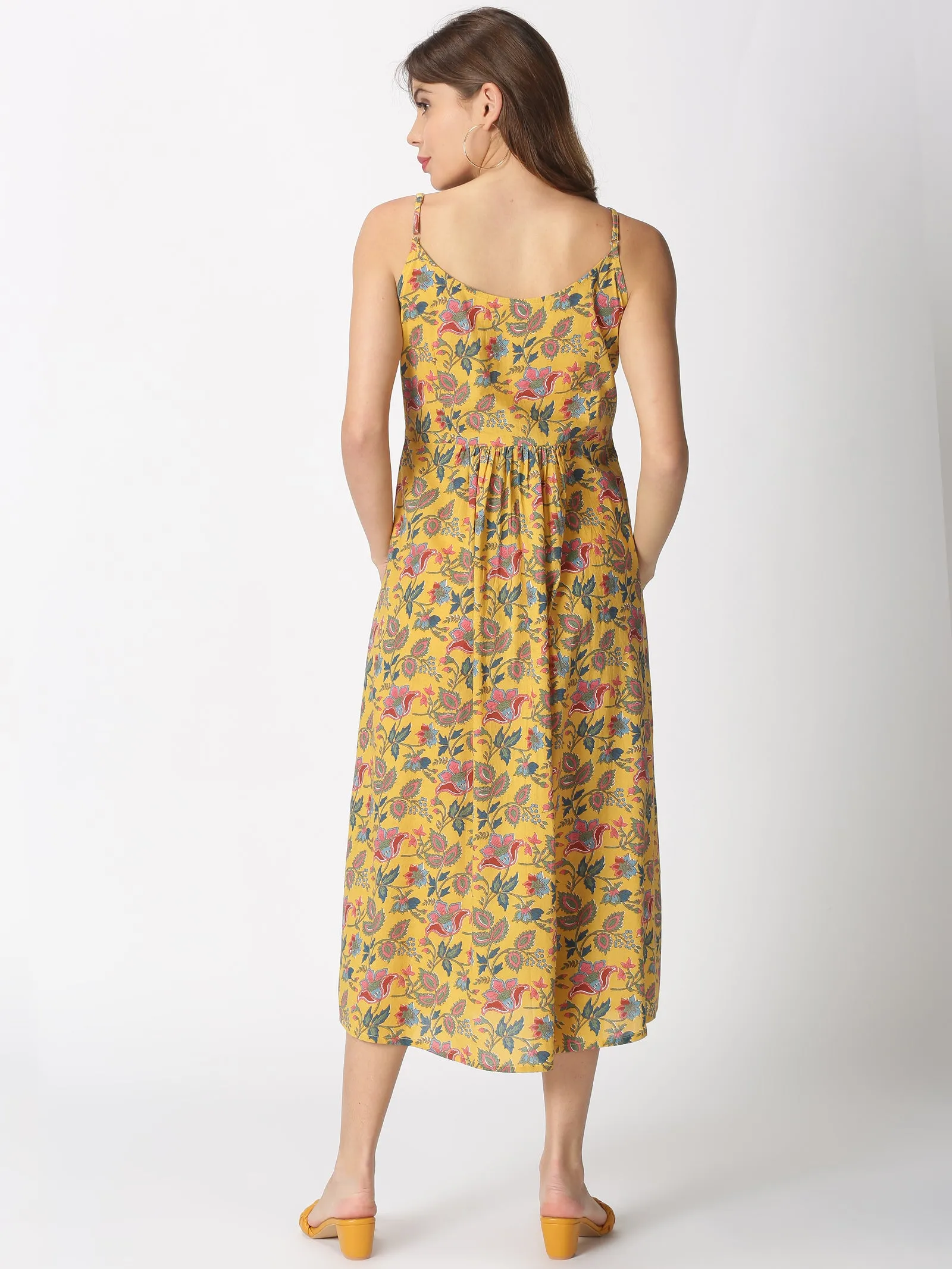 Yellow Ethnic Printed A-line Strappy Dress with Front Pockets