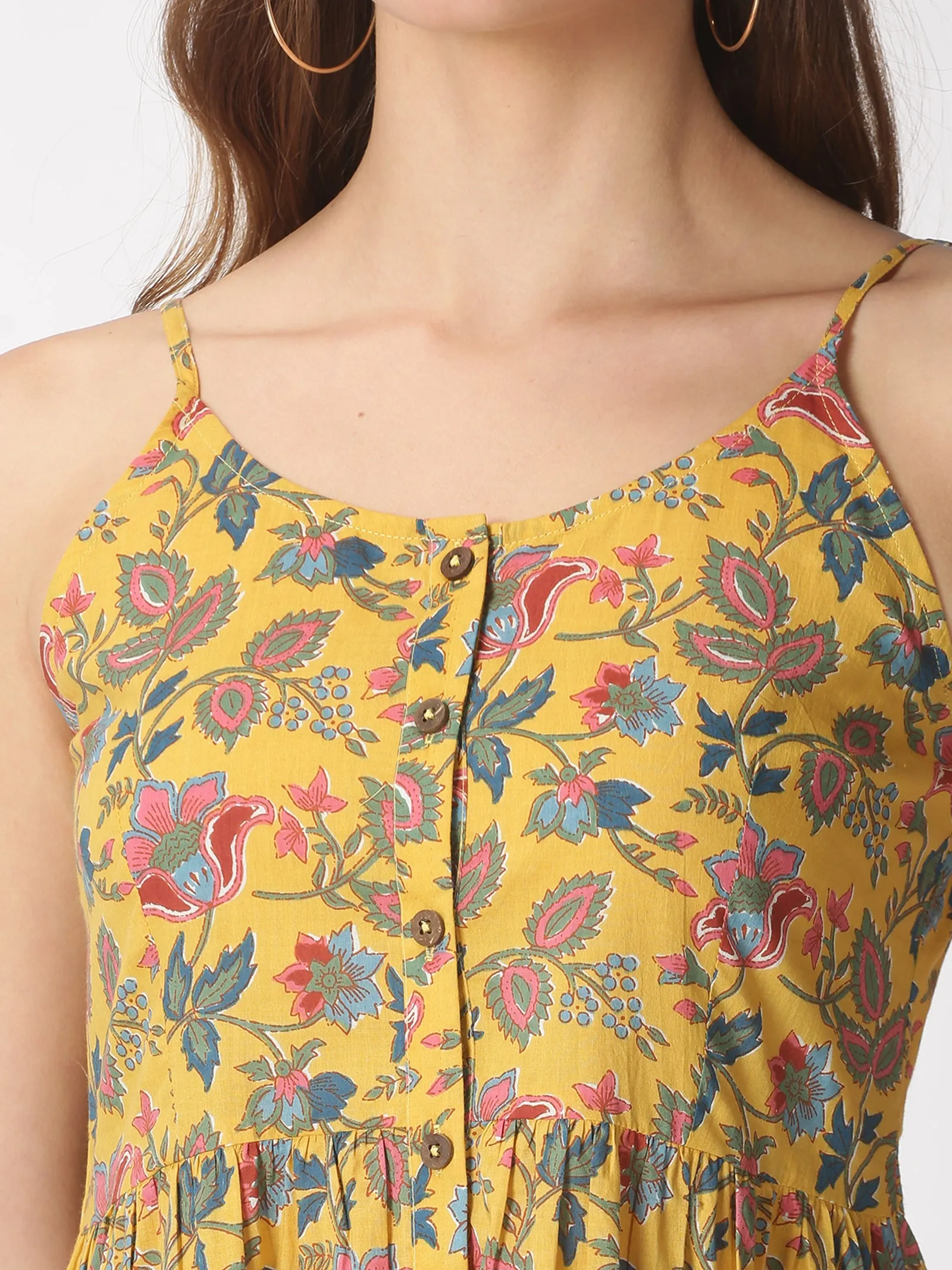 Yellow Ethnic Printed A-line Strappy Dress with Front Pockets
