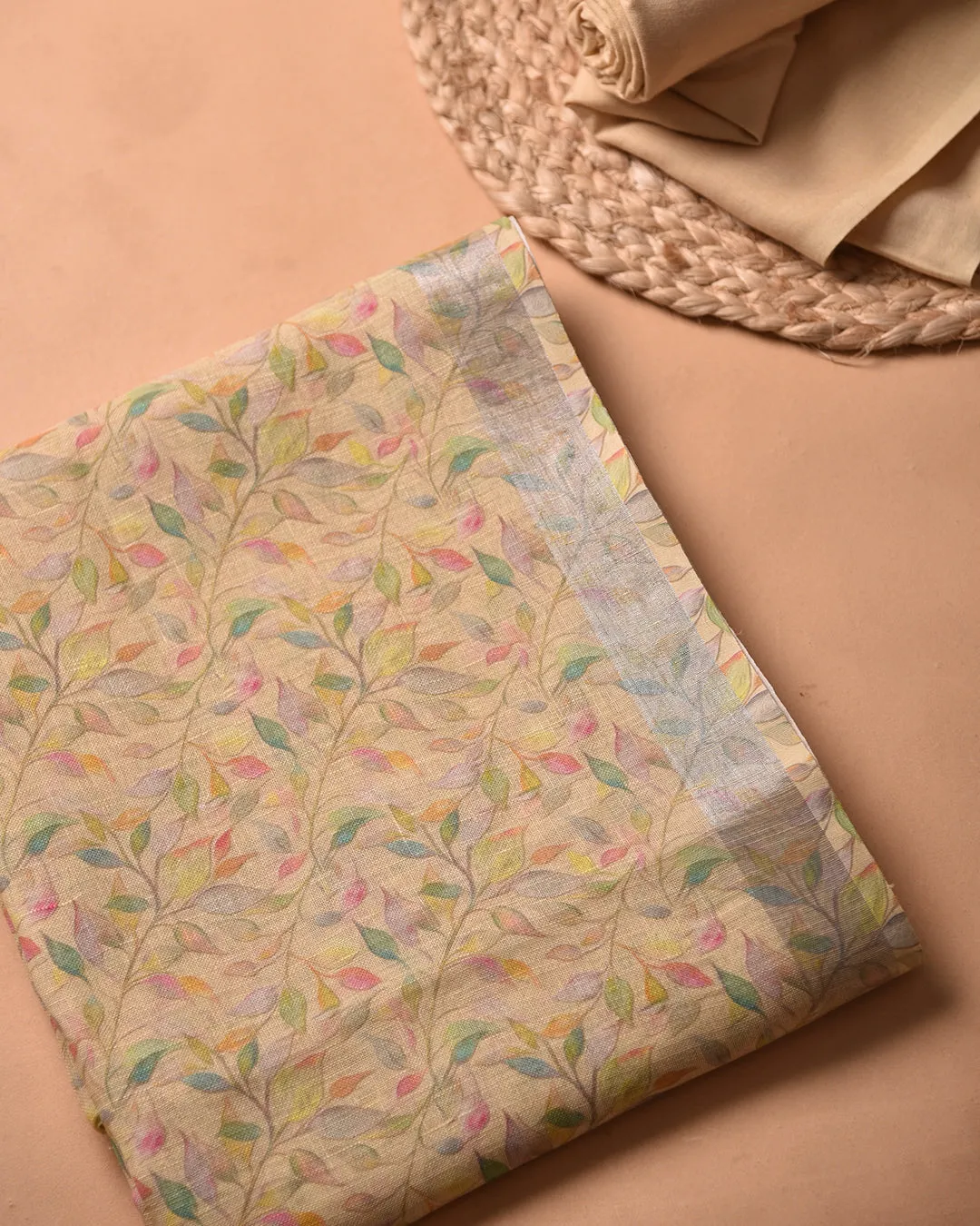 Yellow Pure Linen Printed Unstitched Co-ord Set Fabric With Linen Bottom Fabric