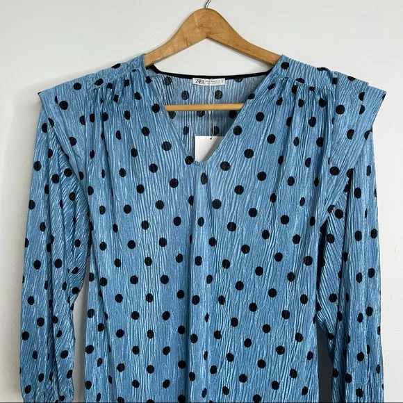 ZARA Blue Polka Dot Crinkle Puff Pleated Shoulder Long Sleeve Mini Dres Sz M NWT
