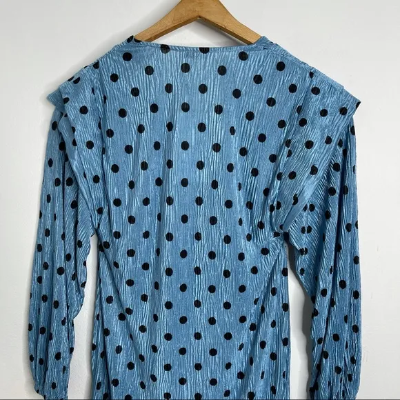 ZARA Blue Polka Dot Crinkle Puff Pleated Shoulder Long Sleeve Mini Dres Sz M NWT