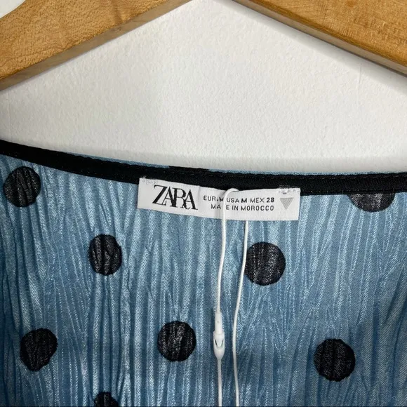 ZARA Blue Polka Dot Crinkle Puff Pleated Shoulder Long Sleeve Mini Dres Sz M NWT